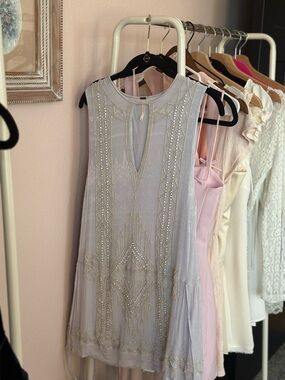 Free People Beaded Sleeveless Cocktail Dress - Light Gray